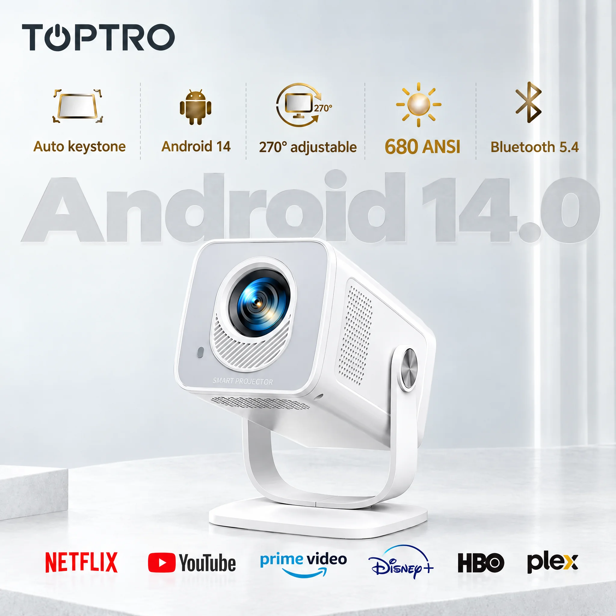Toptro Mini Projector Full HD 1080P WiFi6 Android 14 Auto Focus 270° Rotation Projector for Smart Home Theater Projector