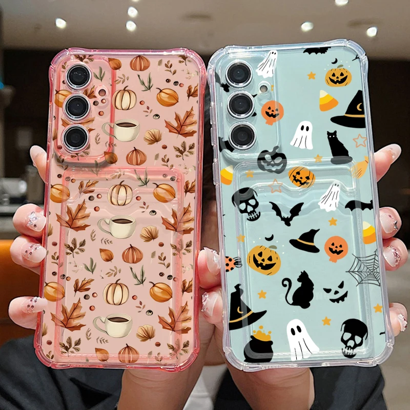 Card Slot Phone Case For Samsung Galaxy S26 S25 S24 Ultra S23 S25 FE A18 A57 A37 A17 A56 A27 A55 A16 A54 Halloween Pattern Cover