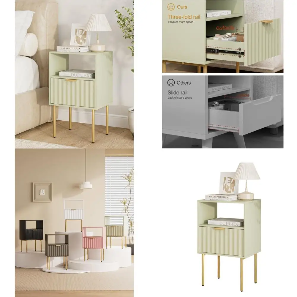 

Contemporary Gold-Framed Nightstand with Drawer and Shelf, Green Modern Bedroom and Living Room Side Table