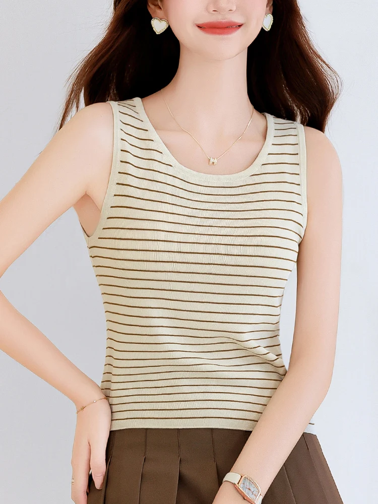 Chaleco tejido a rayas para mujer, Top de seda de hielo Svel ort para ir al trabajo, mezcla de poliéster, corte recto, verano 2024