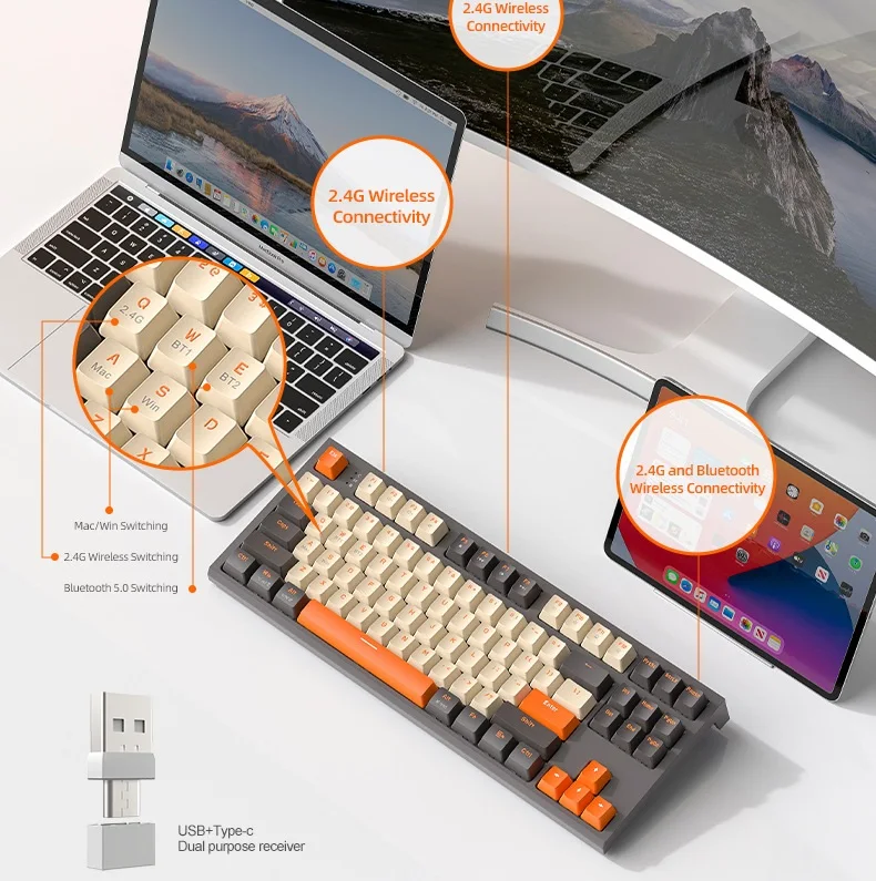 Original brand newFree W·olf M88 Wireless BT Dual Mode Mechanical Keyboard Game Esports Office PBT Ball Key Hat Notebook Keyboar