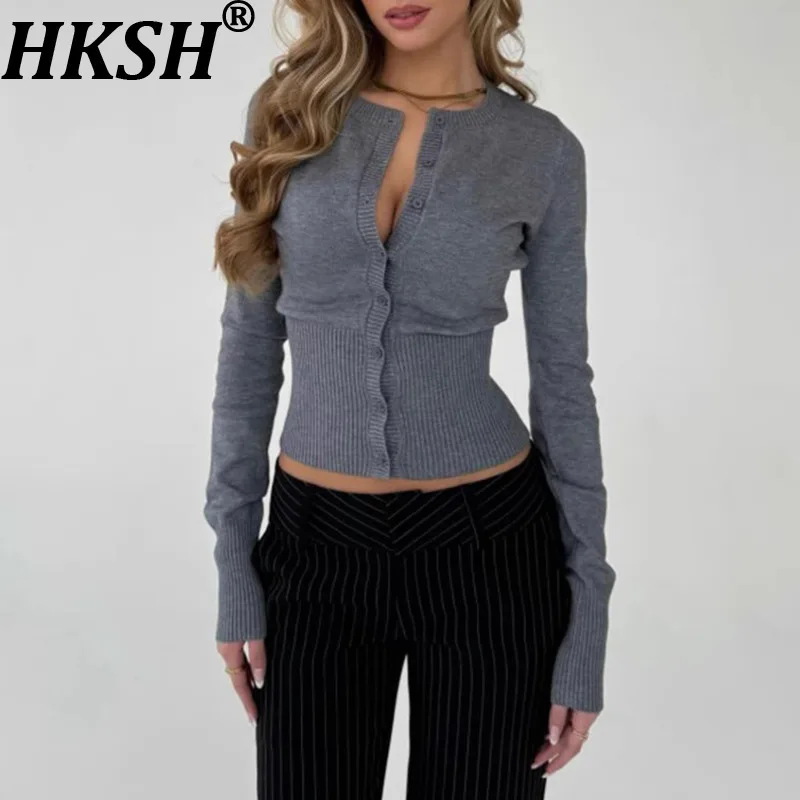 

HKSH 2025 Autumn Winter New Women's Sweater Long Sleeve Single Breasted Solid Color Knitted Cardigan Slim Fit Casual Top HK14643