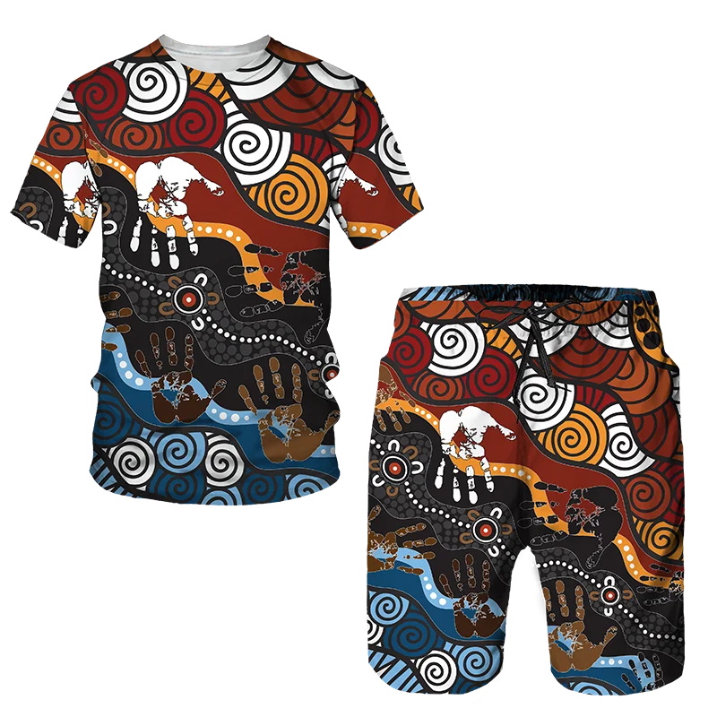 Tuta da uomo estiva in stile africano Set t-shirt con stampa Totem etnica pantaloncini abiti Vintage oversize moda abbigliamento Casual