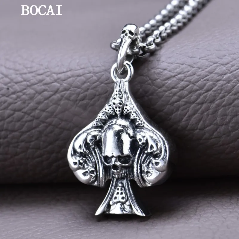 

BOCAI New S925 Sterling Silver Retro Personality Spade A Skull Pendant Men's Gift Free Shipping