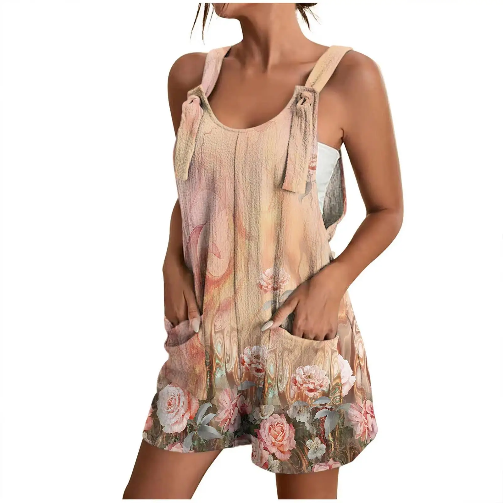 Floral Print Collar Strap ket Jumpsuit Women's ort Sve Rer Polyester Fiber mid Waist Design Summer Collection