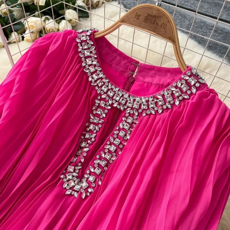 Frauen Solide Elegante Plissee Maxi Kleid Kristall Strass Oansatz Aushöhlen Federn Splice Volle Hülse Lange Geburtstag Party Robe