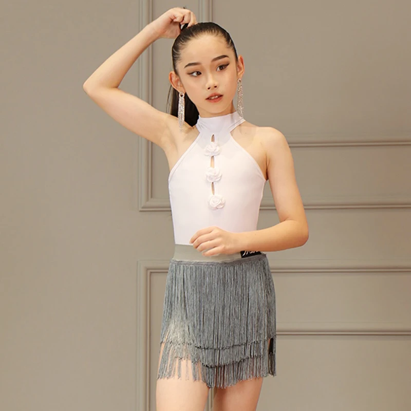 New Girls Latin Dance Clothes Summer Training Practice Wear White Tops Gray Tassel Skirt Sleeveless Performance Costume DNV21220