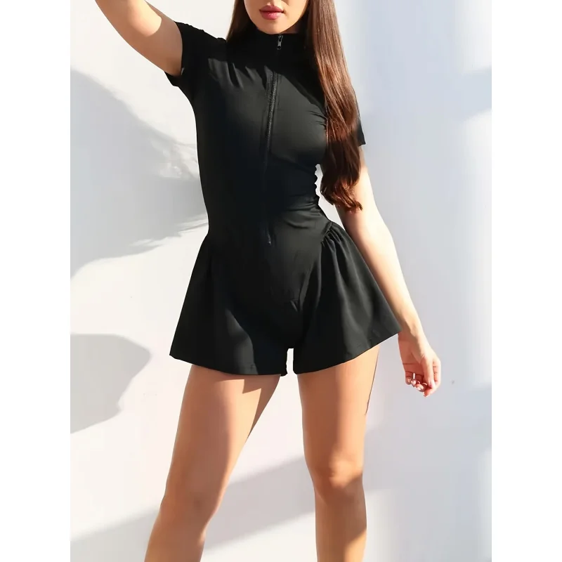 

Однотонный женский комбинезон для йоги, облегающий цельный комбинезон на молнии, повседневный комбинезон с высоким воротом и коротким рукавом