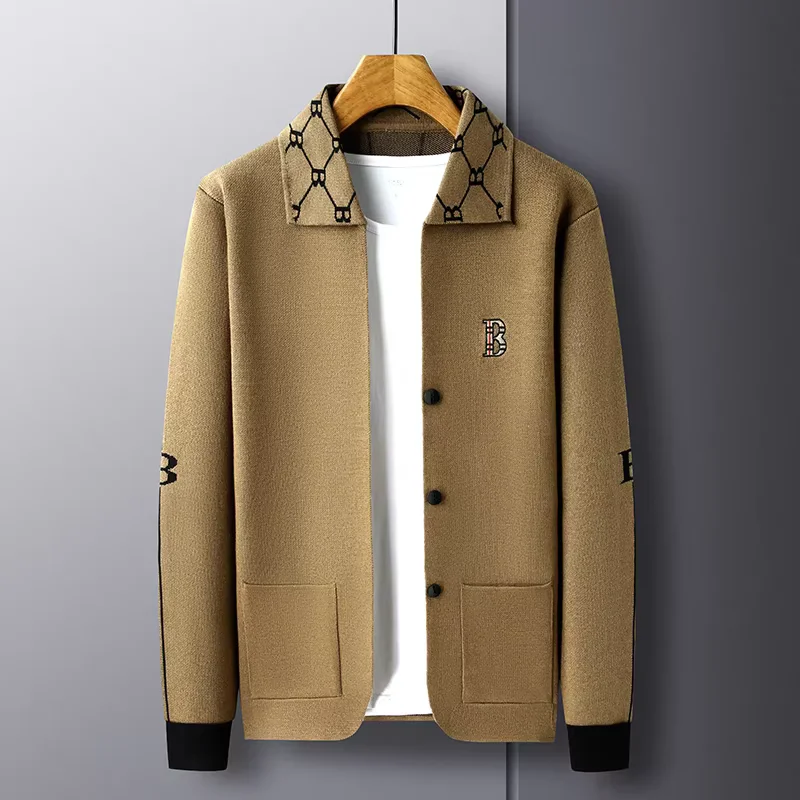 High end brand long sleeved men's lapel knitted cardigan autumn winter fashion B letter embroidery design casual  sweater  coat