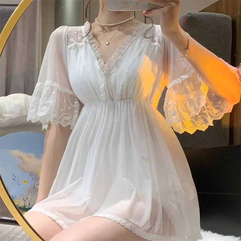 Nightdress Female Summer Bath Lace Retro Princess Nightwear Loose Palace Robe Home White Dress Long Sleepwear Style Nightgown