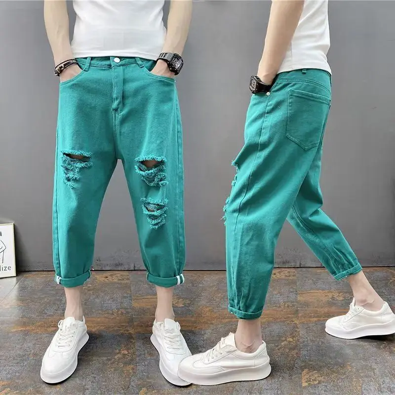 Calças Jeans Vintage de Cintura Alta com Pernas Retas para Homens e Mulheres, Estilo Fashion, Denim Rasgado em Cores Claras, ...