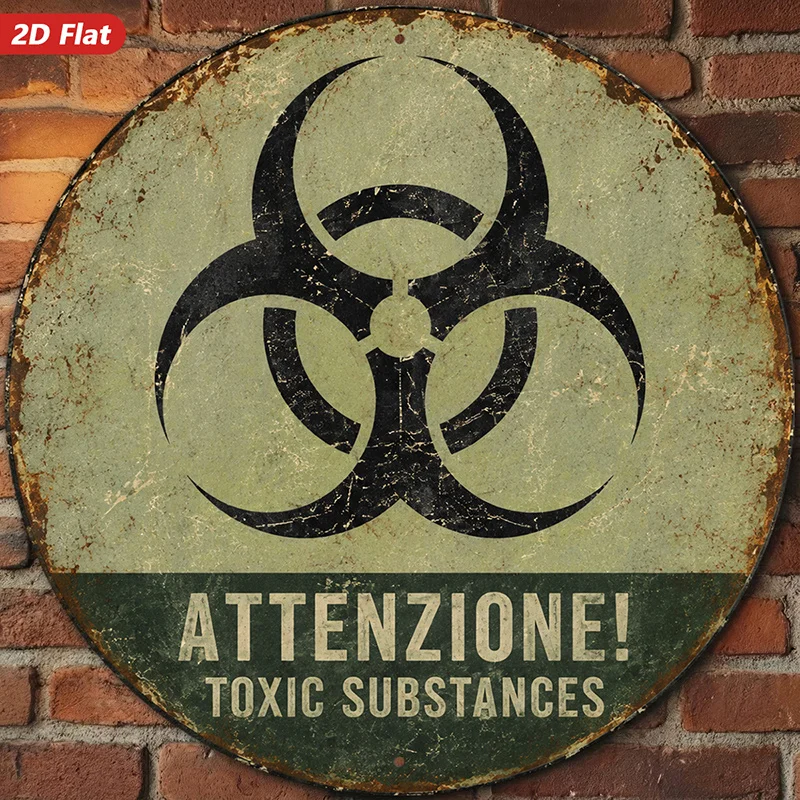 2D Flat, 1pc Biohazard Warning Round Metal Sign Wall Art, Suitable for Workspace Study, Home Decor, Biohazard Symbol, Attenzione