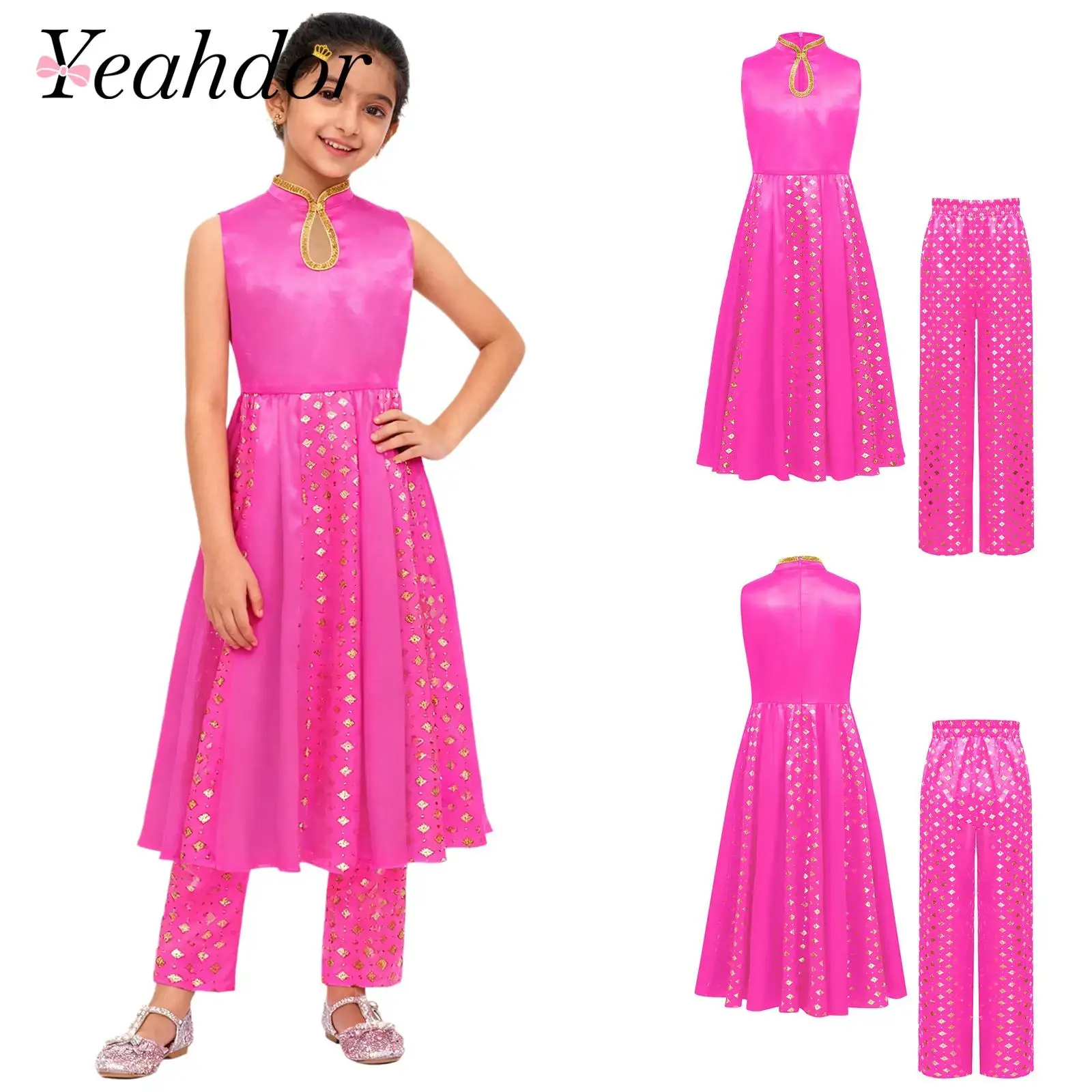 Girls Indian Traditional Ethnic Outfit Kids Princess Metallic Floral Print Salwar Suit Sleeveless Dress with Elastic Waist Pants