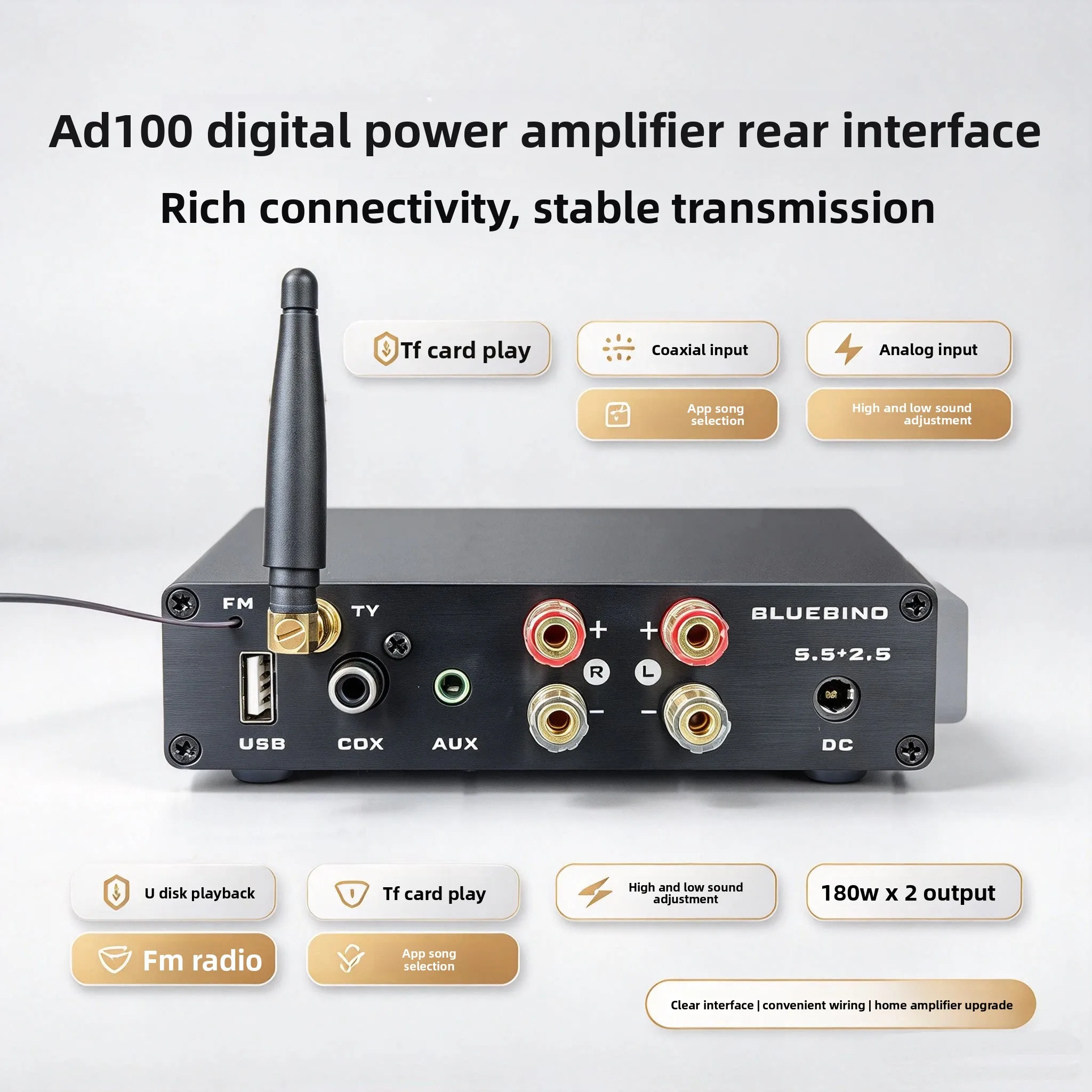 BREEZE New-Bluebird AD100 Player Power Amplifier 2.0 All-in-One 180W * 2 Bluetooth Receiving U Disk Lossless Playing APP