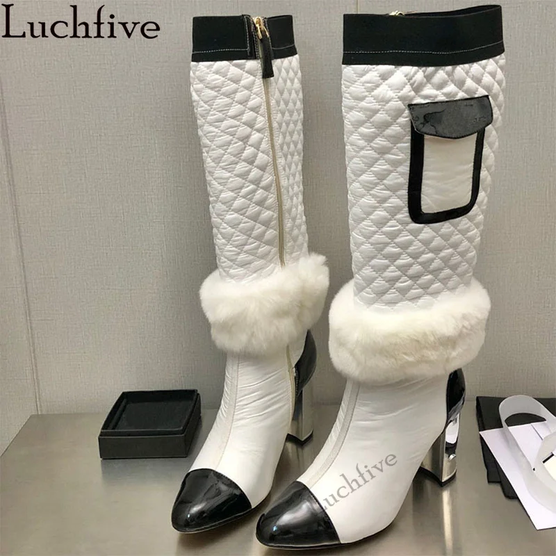 Winter Luxury Knee High Boots for Women Inlay Fur Slim Chunky High Heel Long Boots Winter Sexy Brand Fashion Week Boots Female