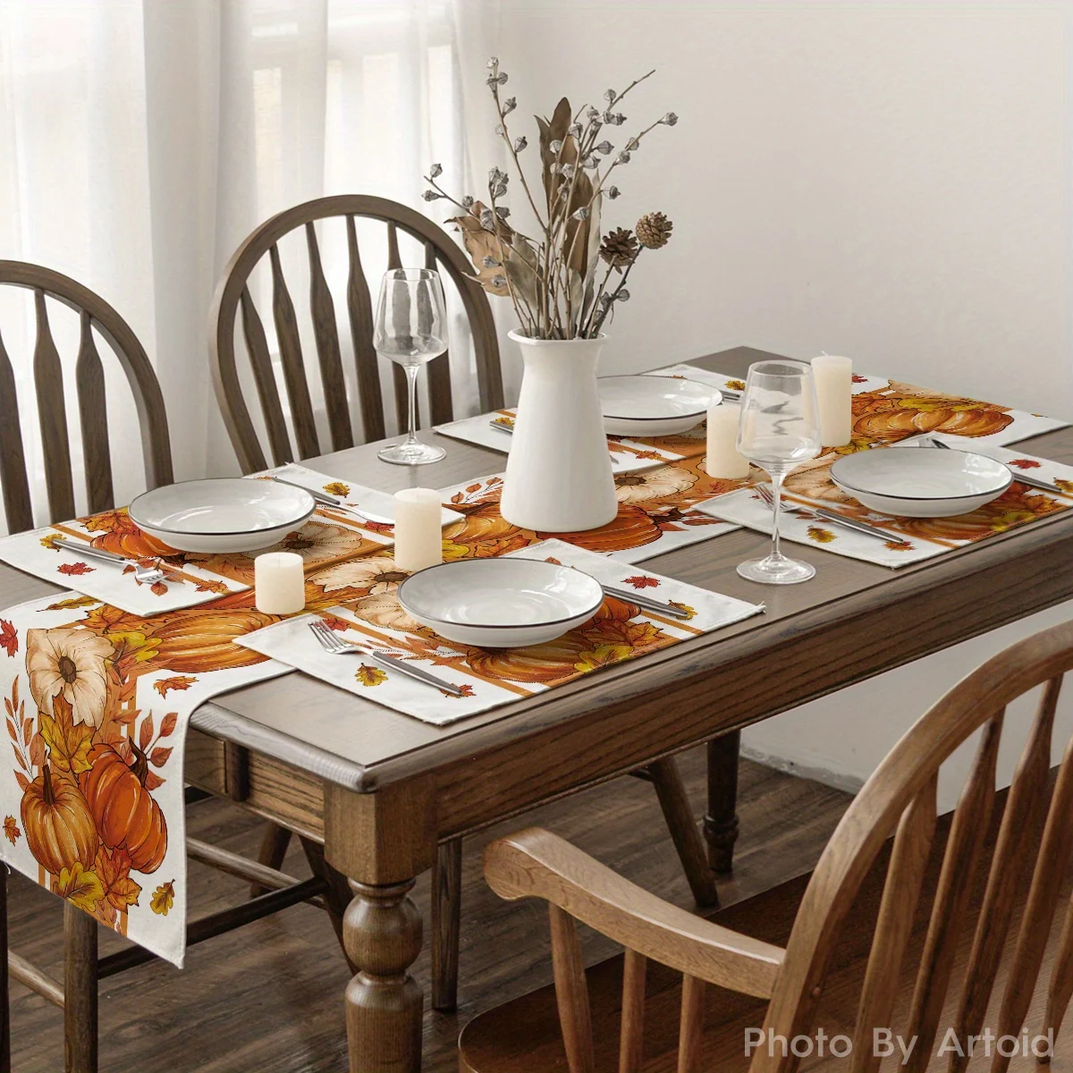 

Orange Pumpkin Maple Leaf Stripes Fall Table Runner Seasonal Autumn Kitchen Dining Table Funky Home Decoration for Holiday Party