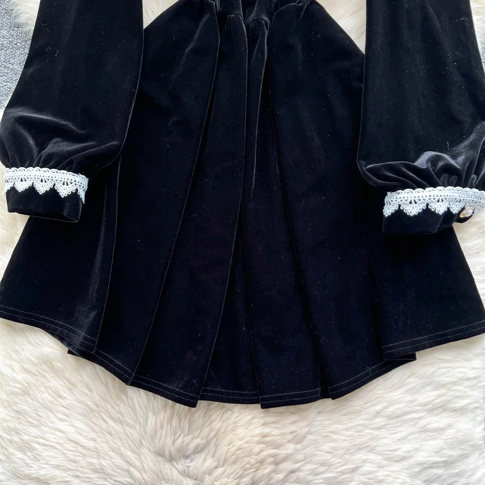 vintage Elegant long sleeve velour lace Dress Chic Vestidos Women Fashion Retro ceremony dresses