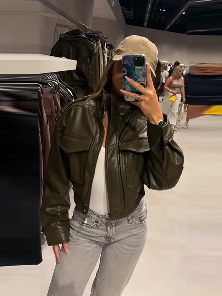 

Street PU Leather Cropped Jacket Women Solid Stand Collar Zipper Pockets Long Sleeves Female Outwears 2025 Autumn Y2k Lady Coats