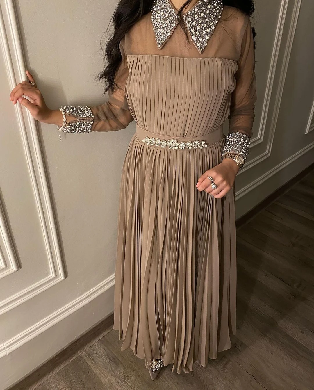 

AsaNagi Champagne Chiffon Evening Dresses High Neck Ankle Crystal Vintage Formal Party Dress 2023 Saudi Arabic فساتين سهره فاخره