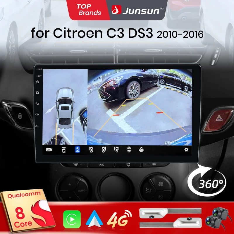 Junsun Qualcomm 8 cœurs 360 °   Caméra panoramique sans fil CarPlay Android Auto autoradio pour citroën C3 DS3 2010-2016 GPS multimédia