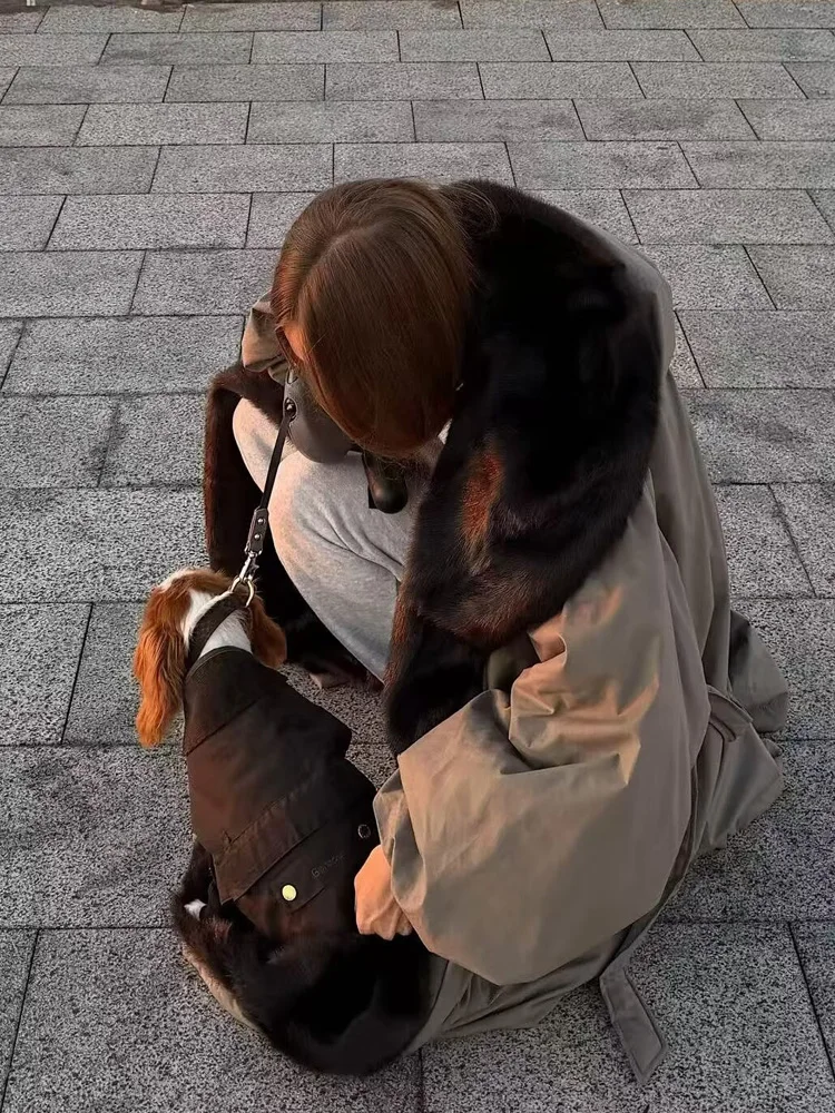 

HH Woman Fashion Long Sleeves Solid Color Faux Fur Collar Trim Loose Hooded Long Coat Female Commuting Casual Winter Coat