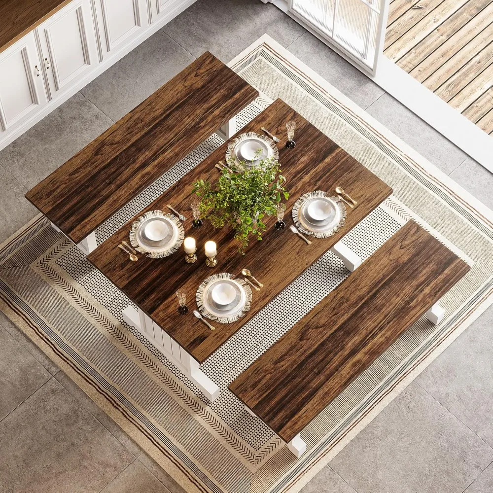 Set tavolo da pranzo LITTLE TREE per 4 con 2 panche, tavolo da cucina moderno con pannello in MDF, dinette salvaspazio per cucina, sala da pranzo