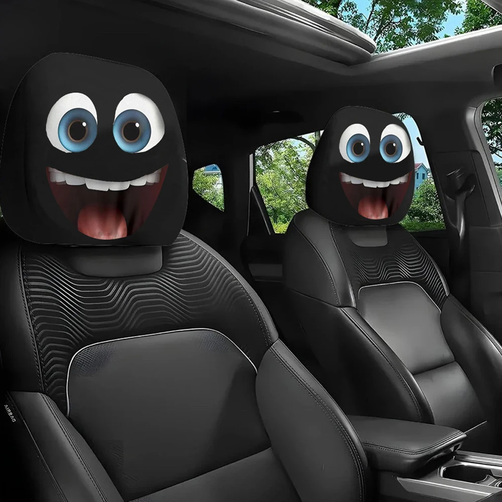 2 STKS Grappige Schuine Ogen Cartoon Print Auto Hoofdsteun Cover voor Halloween Kerstvakantie Auto-interieur Decoratie