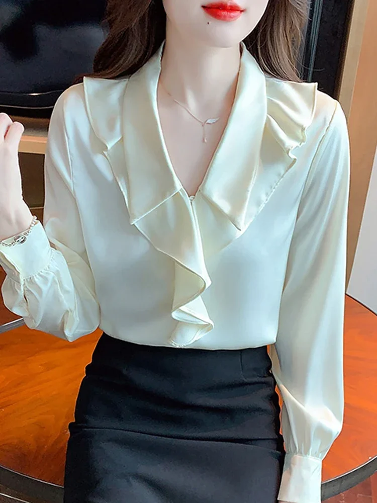 Mode Lange Mouw Vrouwen Blouse Ruches Turn Down Kraag Chiffon Blouse Shirt Vrouwen Tops Blouses Shirts Blusas Para Mujer G224