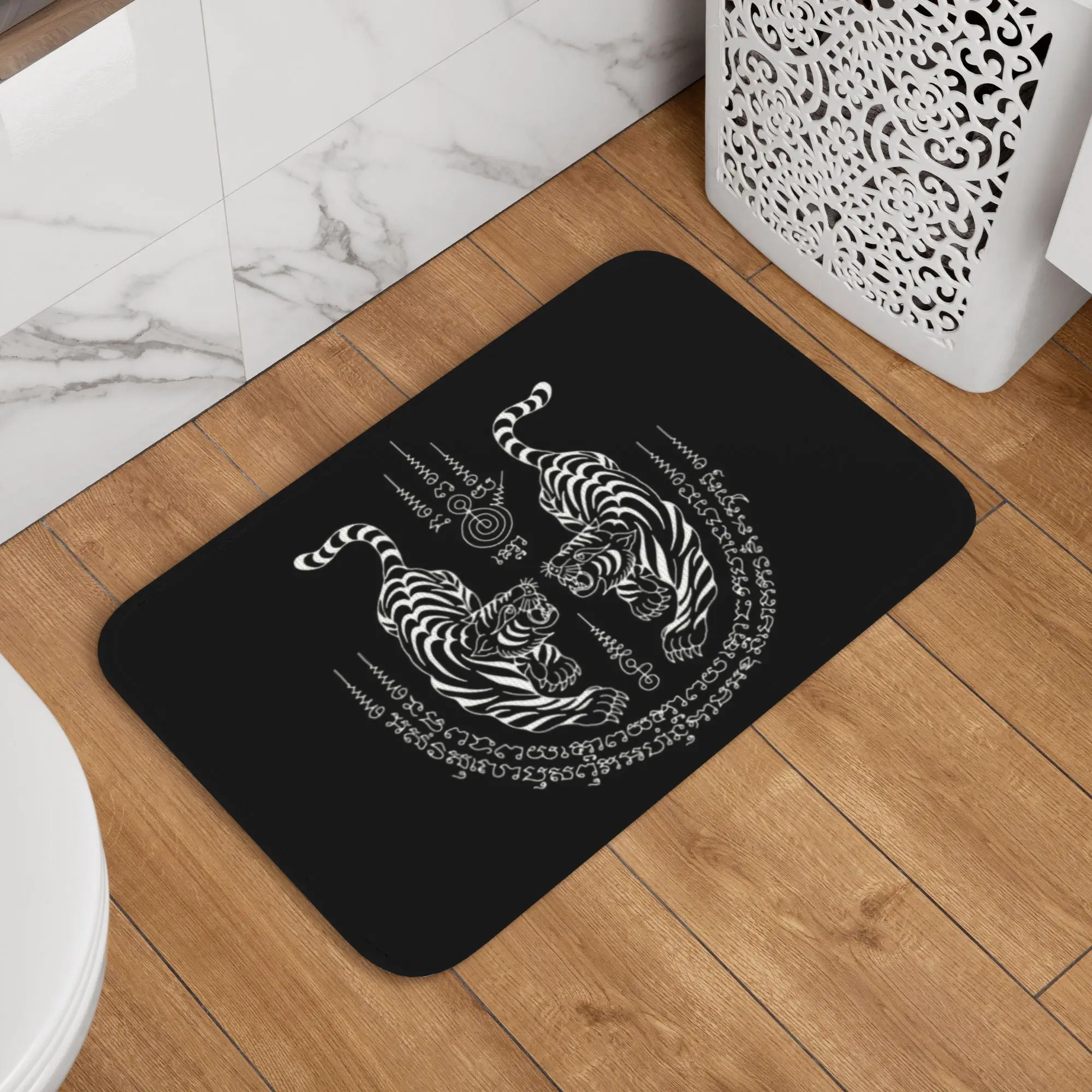 Alfombra de entrada con diseño de tatuaje Twin Tiger Sak Yant, antideslizante, absorbente, para interiores, Muay Thai de Tailandia, alfombra para el suelo, la entrada del baño