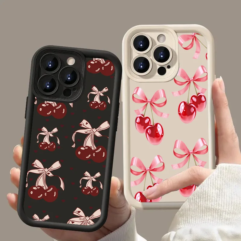 Case For iPhone 17 16 Cases iPhone 15 11 12 13 14 16 Pro Max Air 16E 7 8 Plus SE2 Bow Knot Cherry Blossom Pink Protective Cover