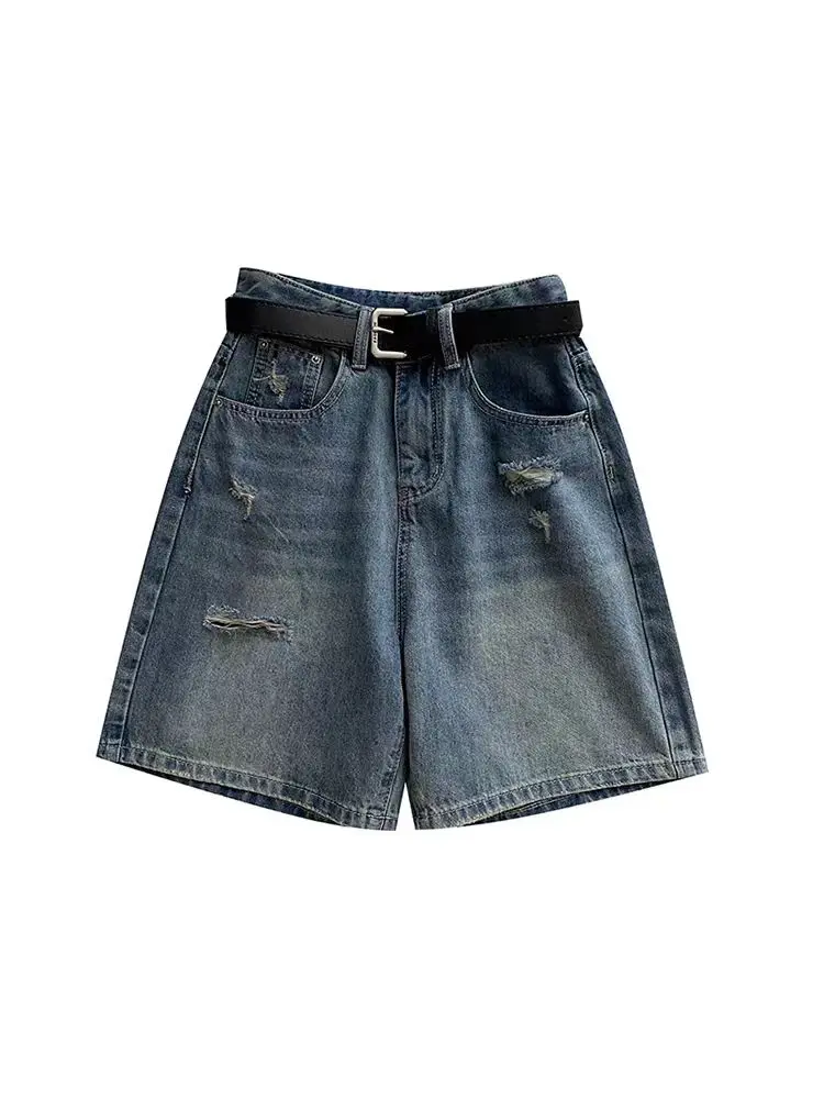 Fashion Holes Denim Shorts 2024 New Women's Summer   A-line Wide Legs Versatile Loose Large Size Retro Jeans Short S-3XL