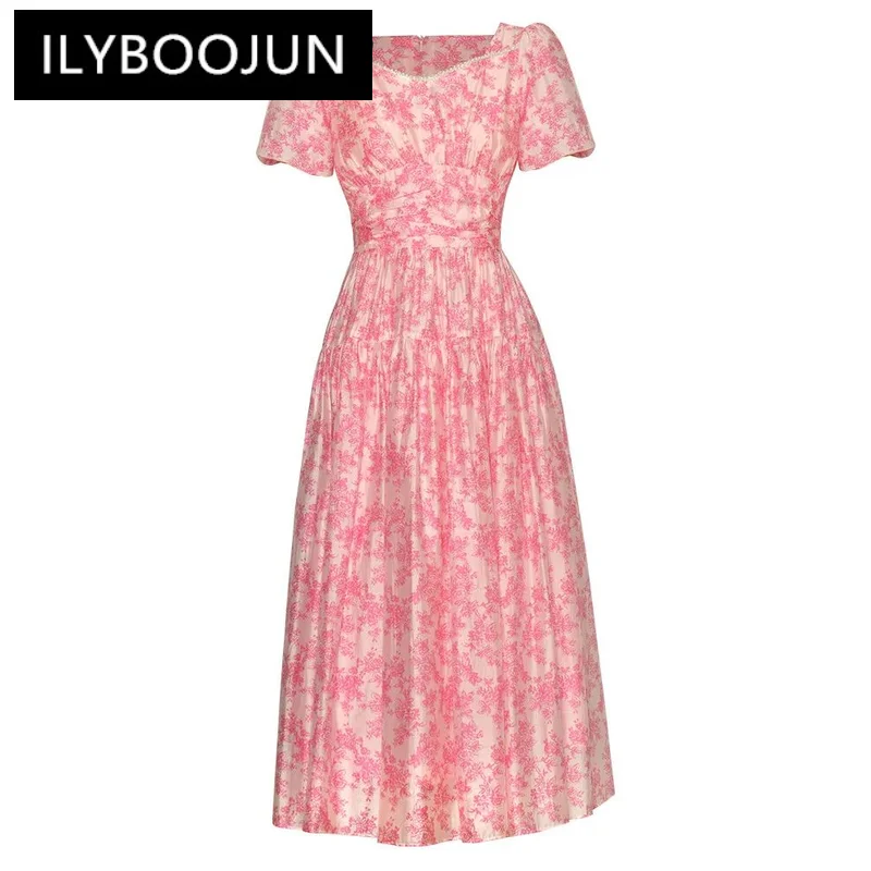 

ILYBOOJUN Summer Fashion Runway Dress Women Bohemian Floral Print Temperament Ruched Pearls Beading Tunics Medium Length Dresses