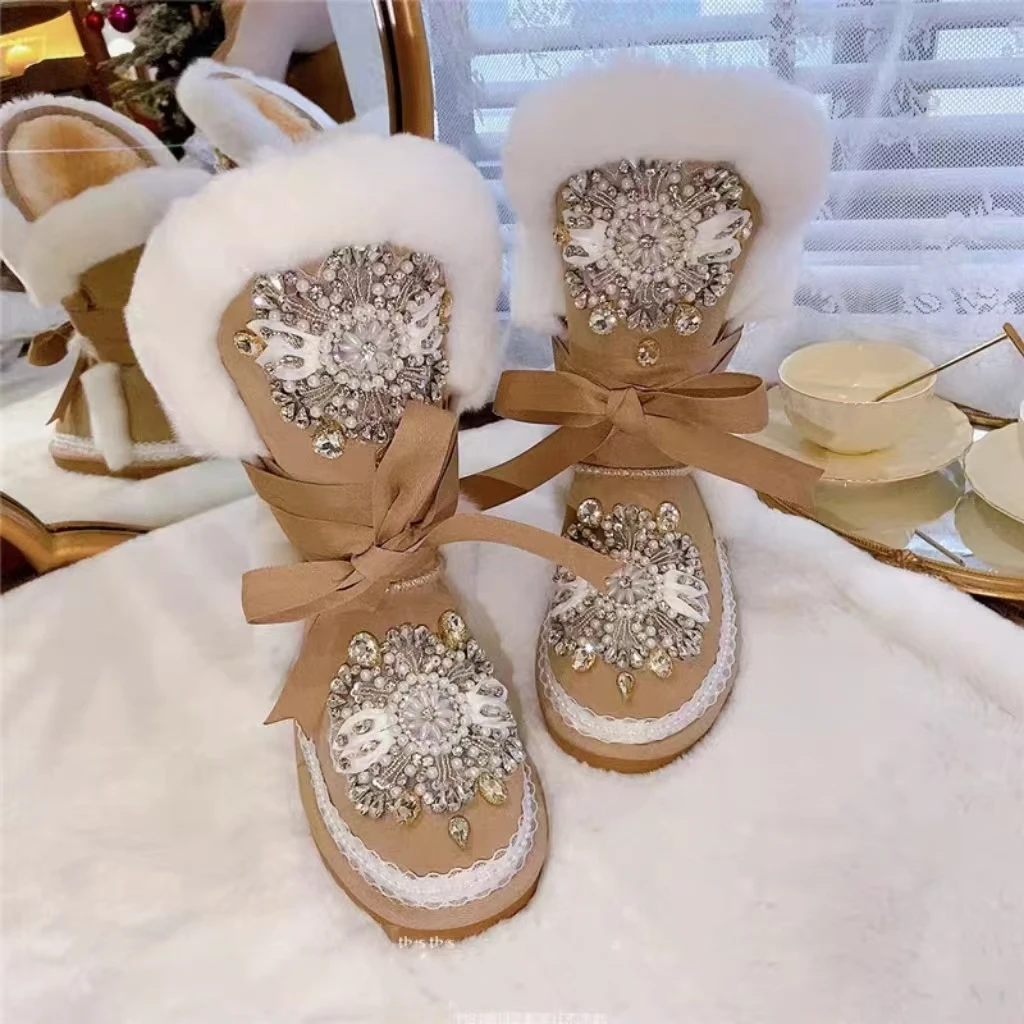 Rex Rabbit wool heavy work rhinrhinos pearl ribbon fur one strap banquet party snow boots women's shoes 35-39