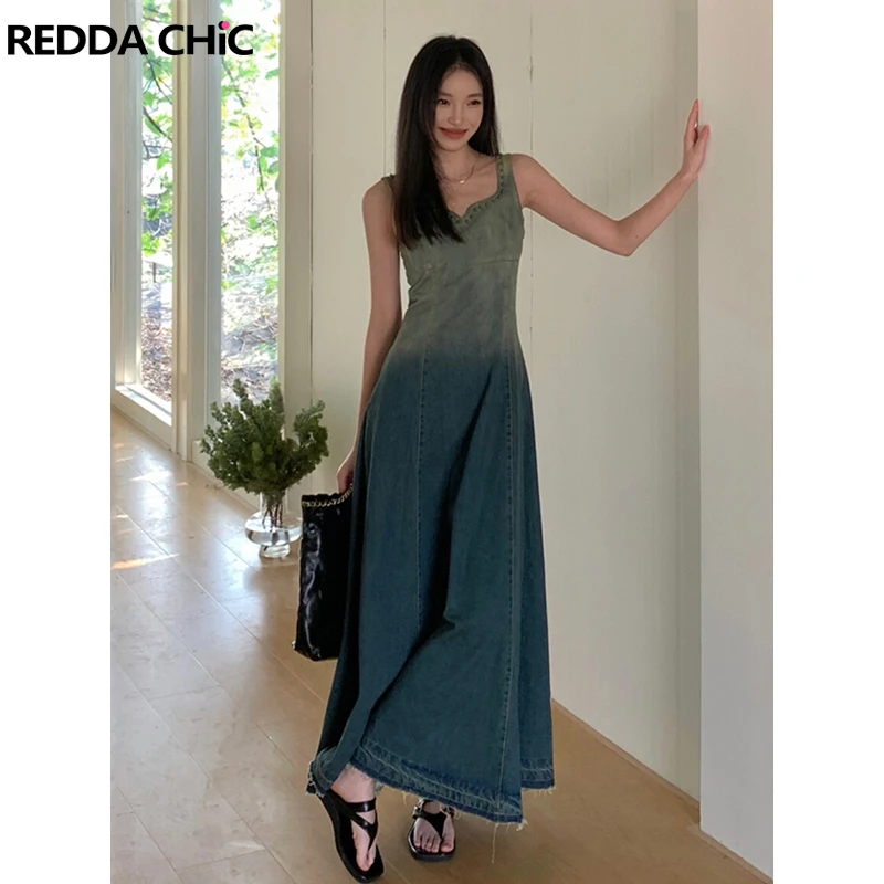 REDDACHiC Ombre Blue Denim Tank Dress Women Sleeveless Studded V-neck Shirring Frayed Gradient Jeans Long Dress Vintage Clothes