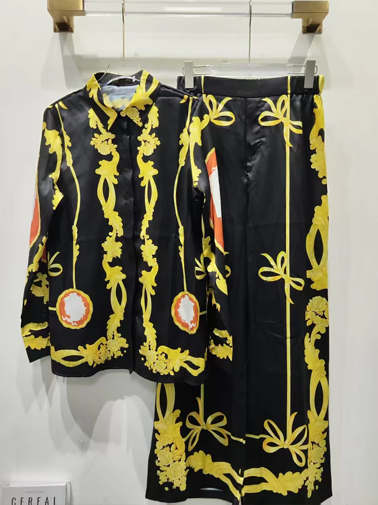 

2025 Spring women's retro geometric print lapel straight shirt two-piece set + elastic waist loose wide-leg pants fashion suit