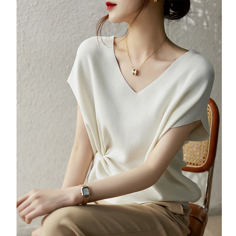 Loose V-Ne Knitted Top Ice Silk T-irt Women's Summer Faion Brand Name Clothing Base Layer Tank Top Breathable Comfortable