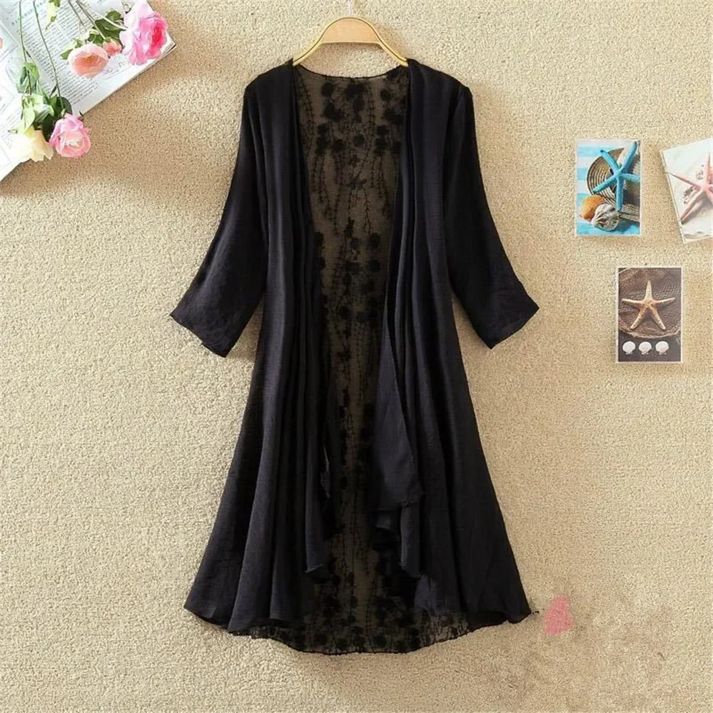 Women Chiffon Tunic Kimono Cardigan Lace Long Shirt Ruffles Hollow Out Loose Ladies Cardigans Spring Summer Shirts Female V1557