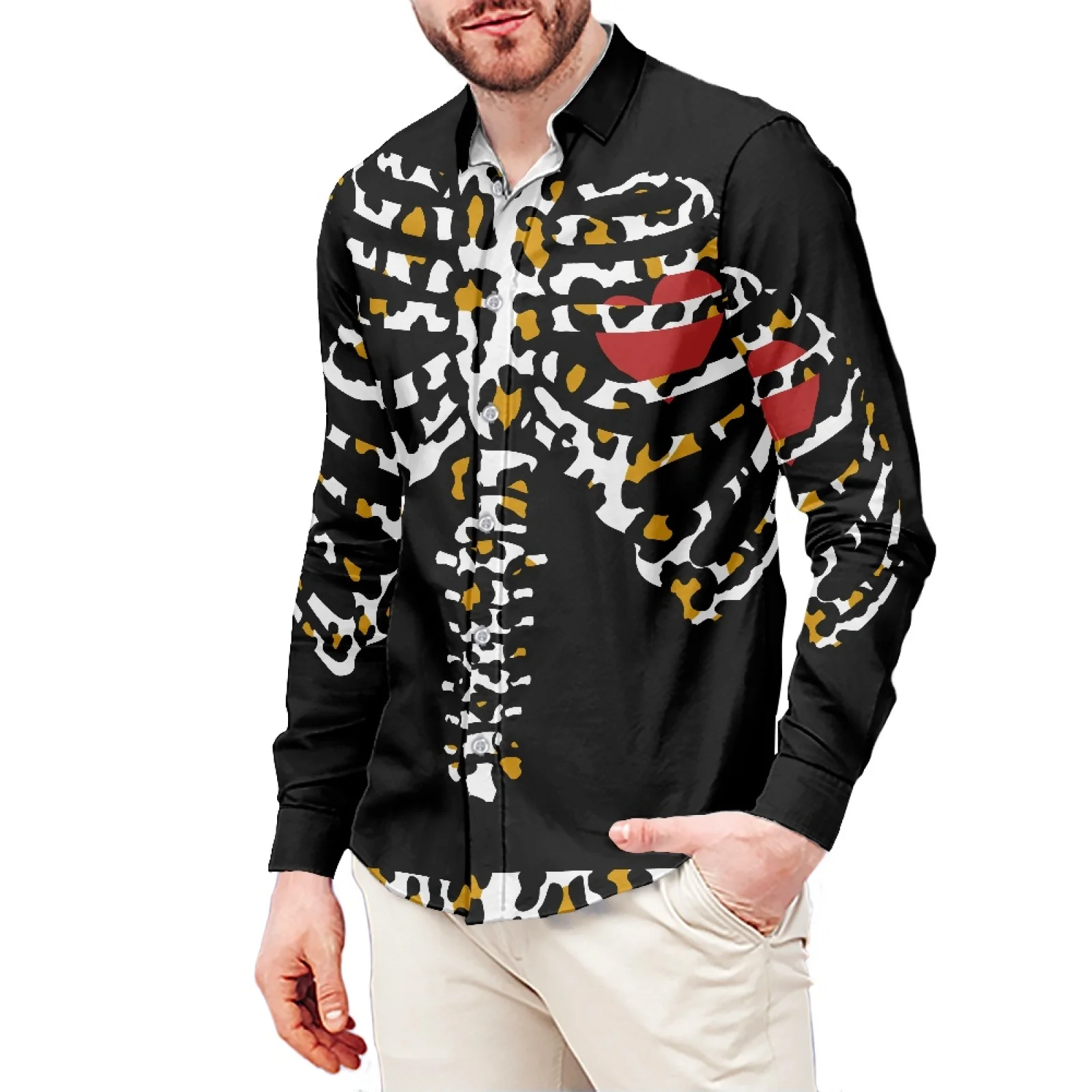 Skull Frame Print Polynesian Hawaiian Casual Sport Style Men's Shirt Stand Collar 6XL Long Sleeve Men's Shirt Winter Men's