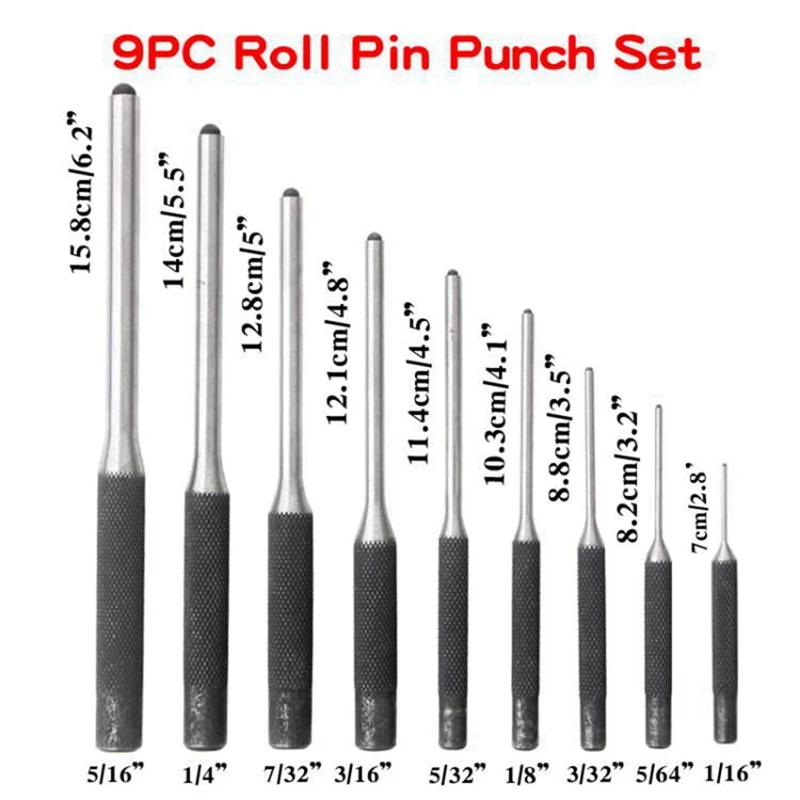 9-Piece Steel Multi-Size Round Heads Pin Impact Set Professional Hollow End Driver Chisel Tool