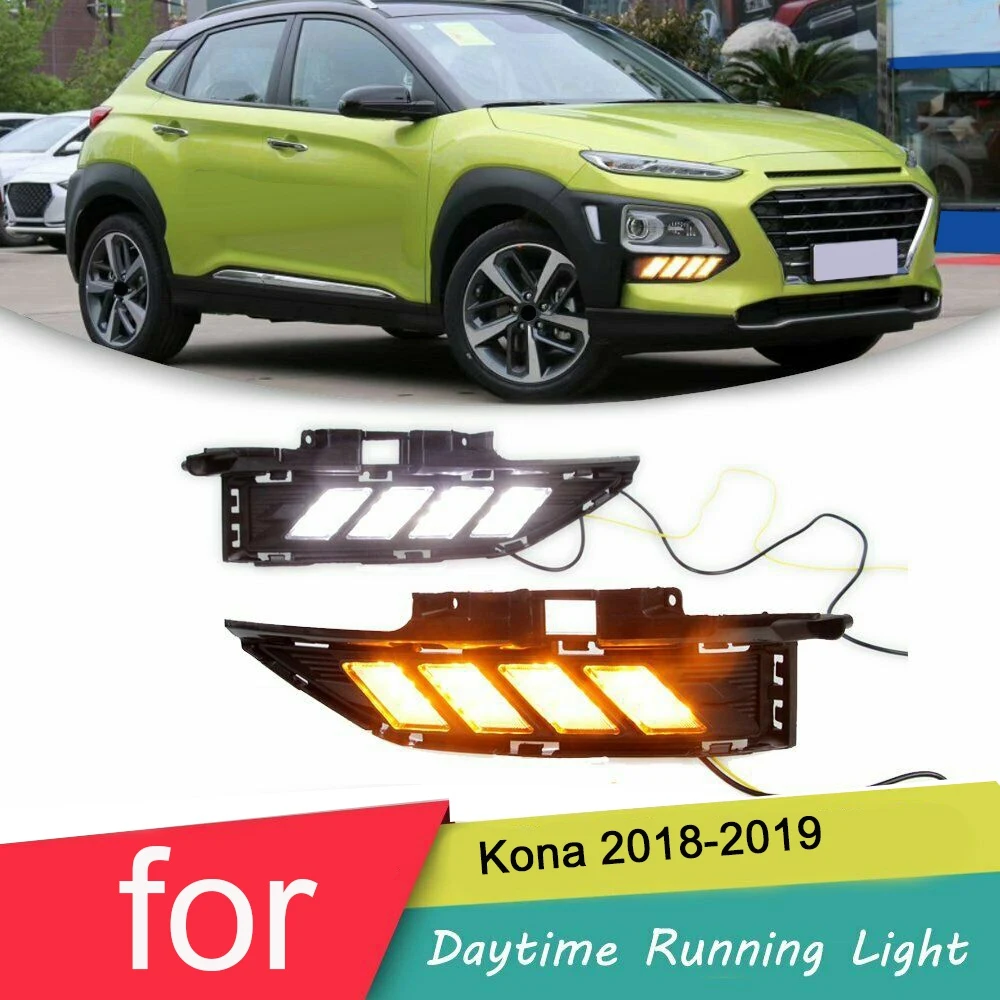 for Hyundai Kona 2018-2019 Front L+R LED DRL with Turn Signal Daytime Running Light Fog Lamp 2 Color