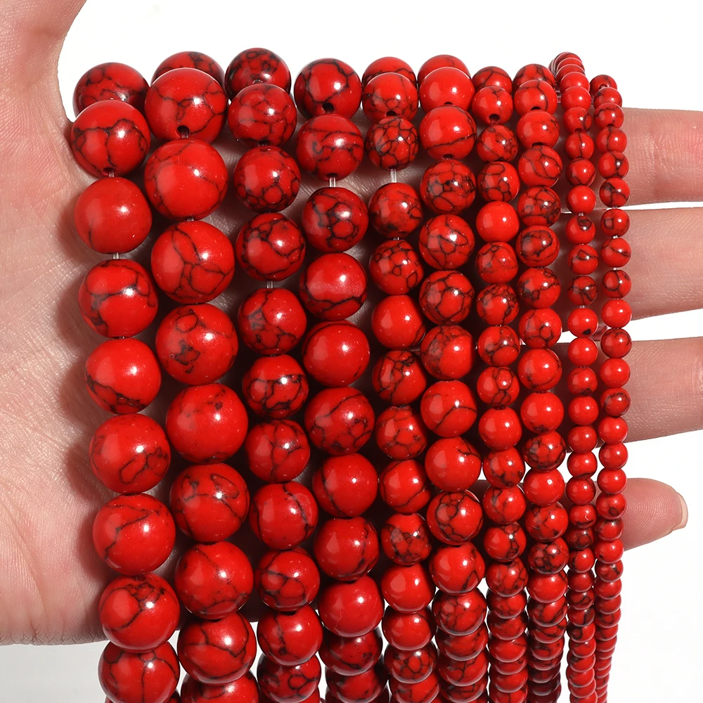 4 6 8 10 12mm Red Natural Turquoise Stone Beads Black Stripes Loose Spacer Round Beads For DIY Craft Bracelet Necklace Jewelry