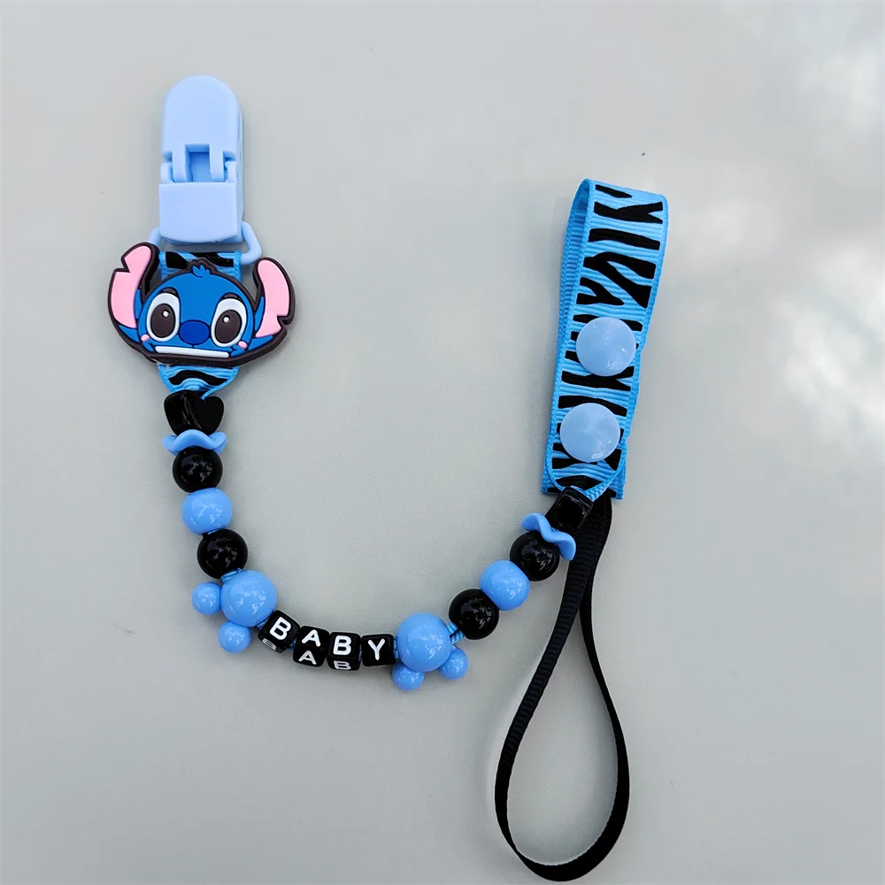 1 Set The Lilo & Stitch Blue Black Beads Anti-drop Custom English Letter Name Baby Pacifier Clips Silicone BPA Free Teether Paci