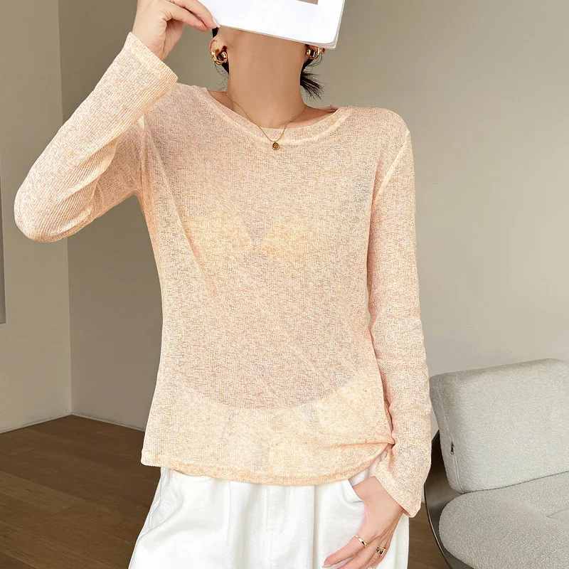 Summer Fashion Thin Sunscreen Linen Loose Knitted Blouse Women's Long Sleeve T-Shirt