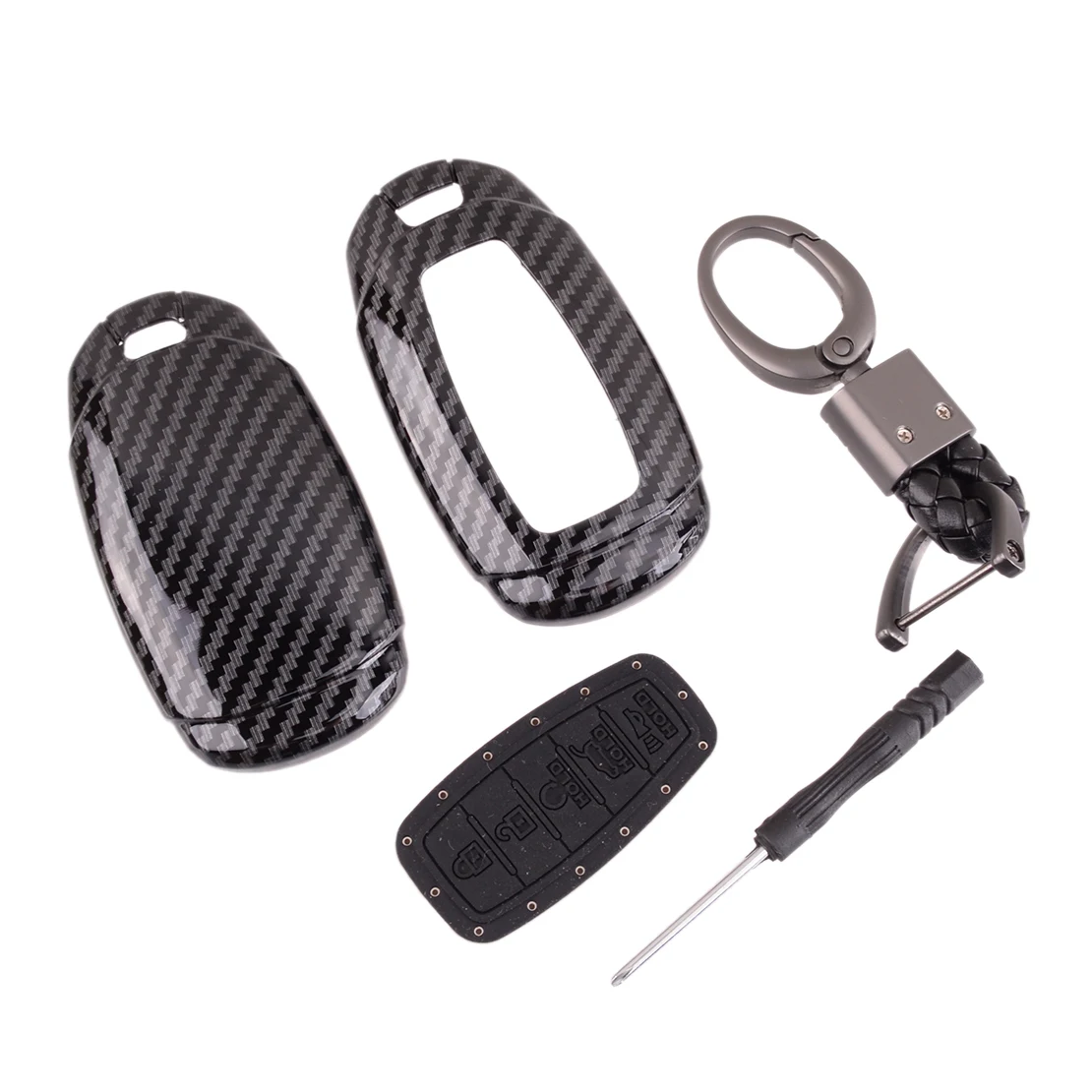 Carbon Fiber Style Car Remote Key Fob Cover Case Shell with Chain 5 Button Fit for Hyundai Palisade Elantra 2021 2020 2019 2018