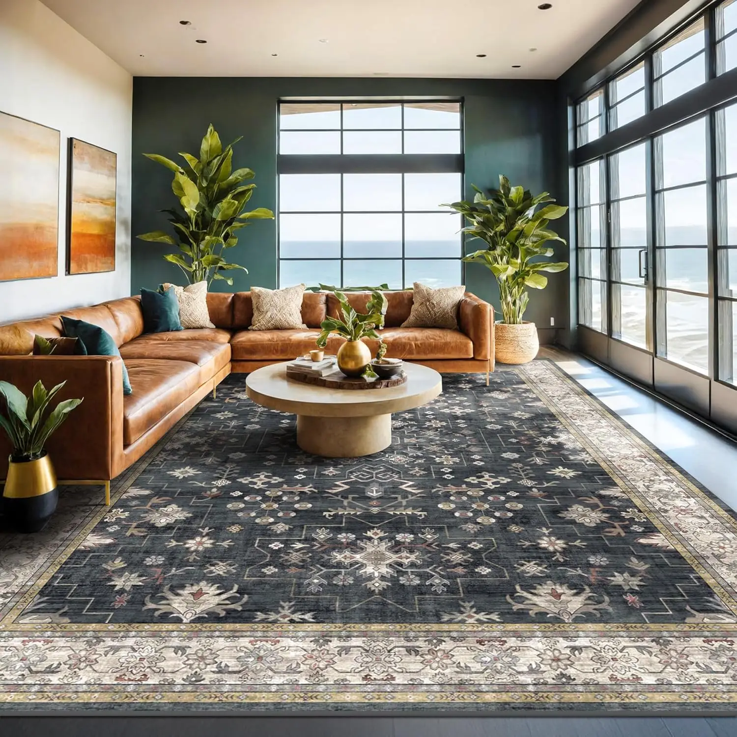 Extra Large 9x12 Bohemian Tumble Area Rug Non‑slip Low Pile Carpet Fit for Under Table High Traffic Zones Black Home Decor