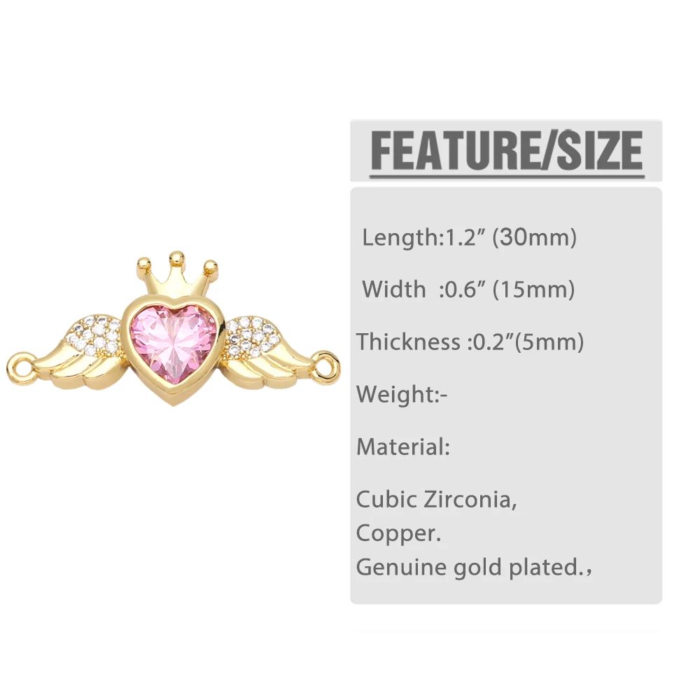 OCESRIO Love Heart Charm for Necklace Earrings Gold Plated Copper Cubic Zirconia Angel Wing DIY Jewelry Making Supplies chma154