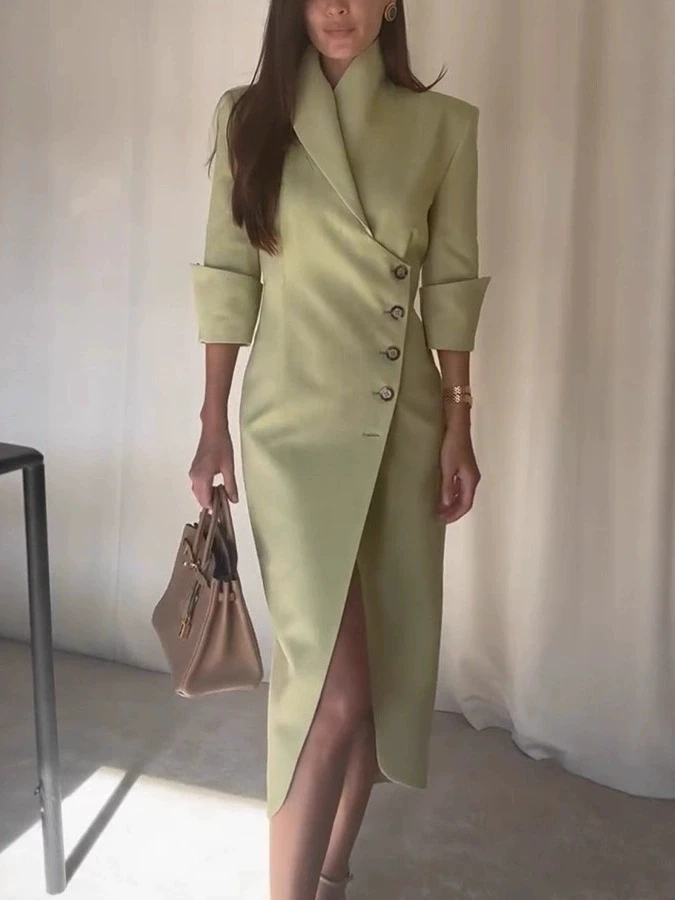 البدلة نمط فساتين ضئيلة النساء مزاجه المائل مشبك ثلاثة أرباع كم حزمة الورك شق فستان سيدة التنقل Vestidos