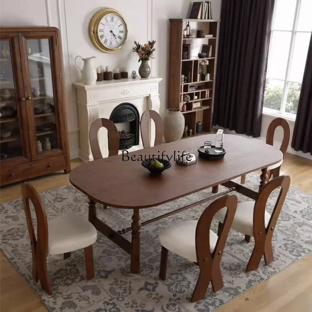 retro solid wood dining table with a vintage modern minimalist high-end feel