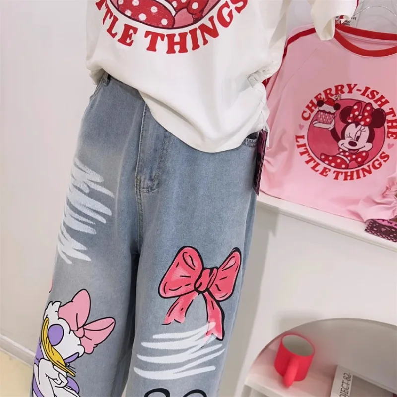 Desenhos animados estilo coreano feminino estampado com calça jeans larga, calça jeans comprida casual com zíper claro, solta e fofa, nova, verão 2022