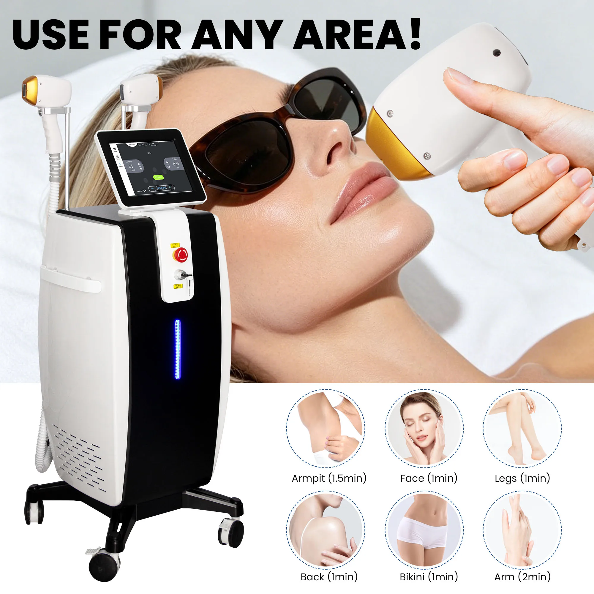 FAC 5000W Three Wavelength Ice Titanium Machine, Vertical Black Silver Dual Handle Permanent Hair Removal Beauty Device